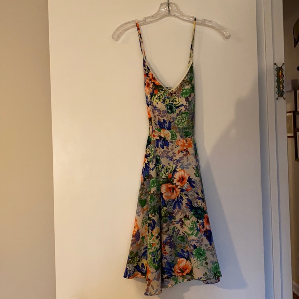 Spaghetti strap floral fitted flare dress